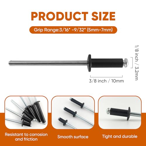 ALLCLEAN 200 Pcs 1/8" x 3/8" Black Aluminum Blind Rivets,3.2 x 10mm Pop Rivets,Aluminum Grip and Steel Mandrel - color: Black, size: 1/8"x3/8"