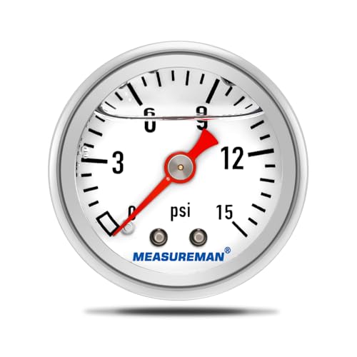 MEASUREMAN 1-1/2" Dial Size, Glycerin Filled Fuel Pressure Gauge, 304 Stainless Steel case, 0-15Psi, 3-2-3%, 1/8" NPT Back Mount - size: 0-15 psi, style: Back Mount
