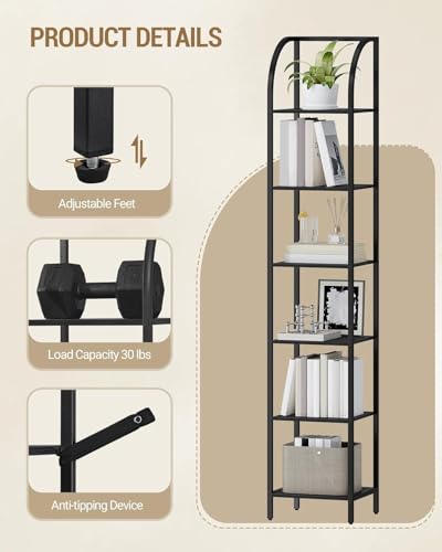 Hzuaneri Bookshelf Narrow Bookcase, Tall Storage Rack with Steel Frame - color: Black, size: 11.8 × 13.2 × 71.9 inch