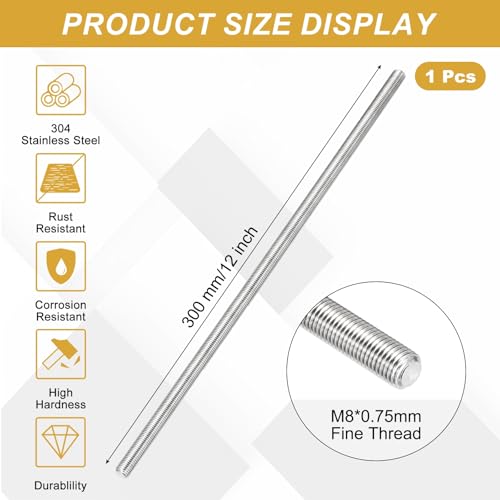 uxcell Fully Threaded Rod M8 x 0.75mm Pitch 300mm/12 inch Threaded - size: M8x0.75mmx300mm