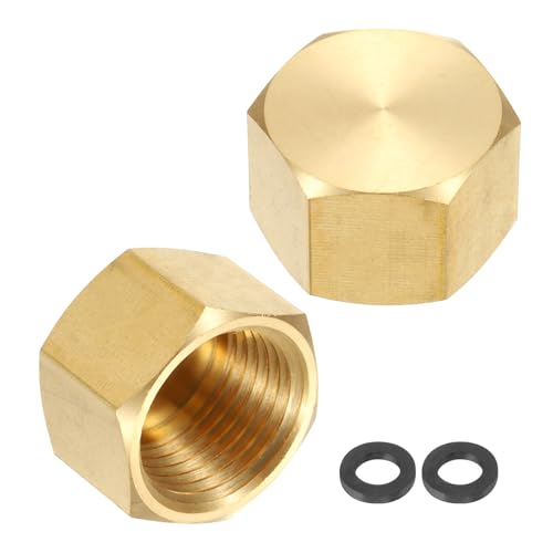 uxcell 2Pcs Brass Hex Head Compression Fitting Stop Valve Cap, 1/2 NPT Female Thread Pipe Fitting Cap Tubing Ends Sealing Cap with Gasket, Gold Tone, 1/2 NPT (ID 11/16") - size: 1/2 NPT (ID 11/16")
