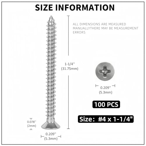 #4 x 1-1/4 [100 Pack] Flat Head Phillips Drive Self Tapping Screws, Sheet Metal Screws, 304 Stainless Steel (18-8), Corrosion Resistant Screws for Wood, Sheet Metal and More - size: #4 x 1-1/4