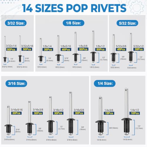 1000PCS Black Pop Rivets Aluminum Blind Rivets Assortment Kit - color: Black, size: 1000pcs
