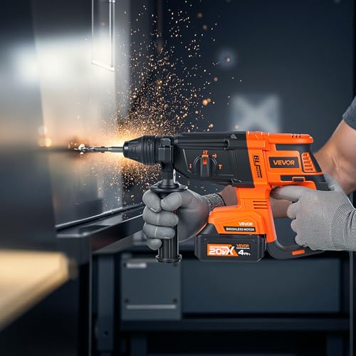 VEVOR 1-1/8" SDS-Plus Rotary Hammer Drill, 20V Brushless Cordless SDS Hammer Drills, 4.0Ah Lithium-Ion Battery Powered, 3.0A Fast Charger, 4 Modes, Rotomartillo for Concrete,1200 RPM, 5300 BPM - size: 1-1/8 in
