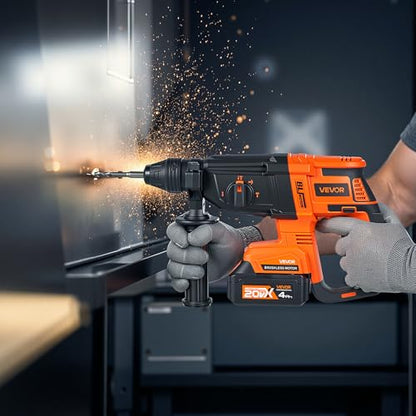 VEVOR 1-1/8" SDS-Plus Rotary Hammer Drill, 20V Brushless Cordless SDS Hammer Drills, 4.0Ah Lithium-Ion Battery Powered, 3.0A Fast Charger, 4 Modes, Rotomartillo for Concrete,1200 RPM, 5300 BPM - size: 1-1/8 in