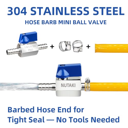 1/4 Inch Barb Ball Valve, Mini 304 Stainless Steel Inline Shut Off Valve for Fuel/Water/Air/Gas Lines, Heavy Duty Hose Barb Fitting with 2 Hose Clamps, 1-Pack - size: 1/4 inch