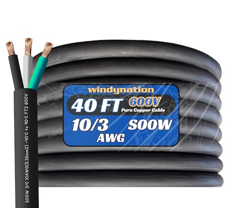 WindyNation 40 Feet 10/3 10 AWG SOOW SO Cable Cord Wire - 10 Gauge 3 Conductor 600V Portable Power Extension Cord Cable for EV Chargers, Motor Leads, Portable Lights, and Battery Chargers - size: 40 Feet