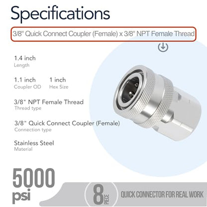 3/8 Inch Pressure Washer Quick Connect Fittings, Stainless Steel, 8-Piece - color: 8 Piece