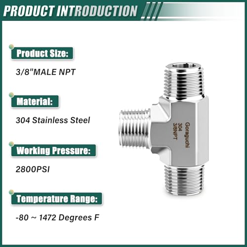 1PCS 304 Stainless Steel Square Tee Pipe Fittings, 3/8" NPT Male Pipe Fittings, for Fuel/Air/Water/Gas/Oil - color: Tee（M/M/M）, size: 3/8"NPT