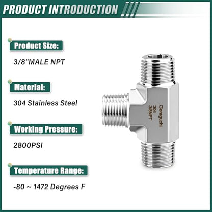 1PCS 304 Stainless Steel Square Tee Pipe Fittings, 3/8" NPT Male Pipe Fittings, for Fuel/Air/Water/Gas/Oil - color: Tee（M/M/M）, size: 3/8"NPT