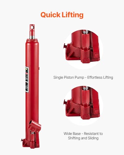 VEVOR 4 Ton Hydraulic Long Ram Jack, Cherry Picker Ram with Single Piston Pump, Manual Engine Hoist Cylinder with Handle and Flat Base, for Garage & Engine Lifting, Red - color: Red