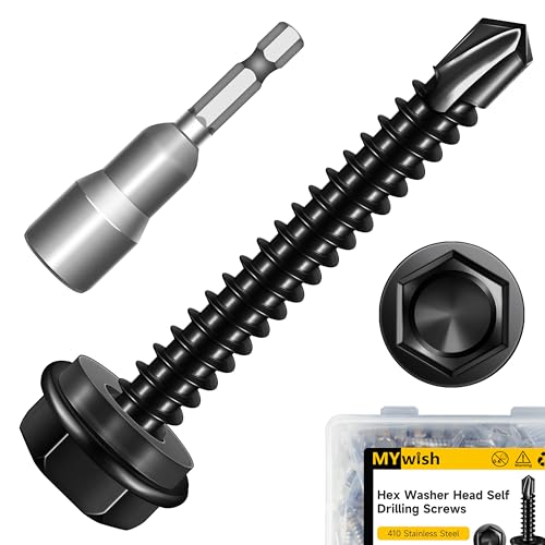 Mywish 50pcs #10 x 1-1/2" Self Drilling Screws for Metal, 410 Stainless Steel Hex Washer Head Self Drilling Screws, Black Oxided Self Tapping Sheet Metal Tek Screw Fast Tapping - size: #10x1-1/2"(50pcs)