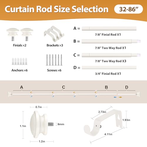 TONIAL Curtain Rods for Windows, 32 to 86 Inch, White, Single Drapery Rod - color: Warm White, size: 32-86"