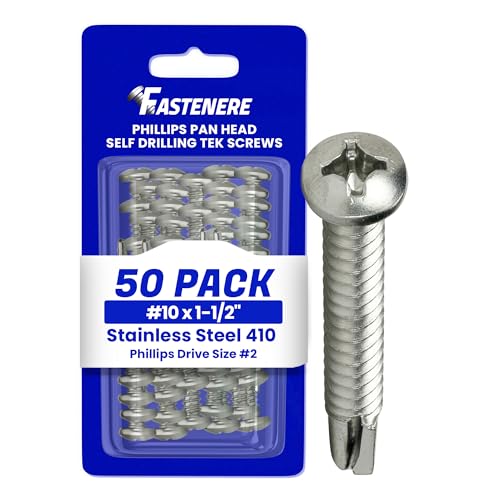 Fastenere Pan Head Self Drilling Tek Screws - #10 x 1-1/2" (50 Pack) Stainless Steel 410,Full Thread, Bright Plain Finish, Corrosion-Resistant, Self-Drilling, Easy to Install w/Phillips Drive Size #2 - size: #10 x 1-1/2" (50 Pack)