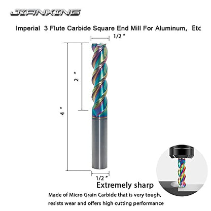 1/2" Extra Long Carbide Square End Mill, 3 Flute, 4” OAL, 1 Pc - size: 1/2" Extra Long (1 Pieces)