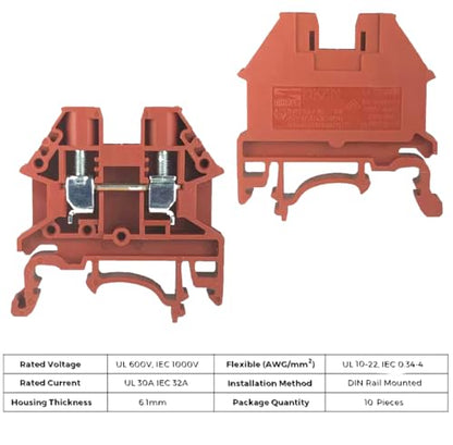 UL Red/Grey 10 Gang DIN Rail Terminal Blocks, with (8) 2P Jumpers,Dinkle DK4N 10-22 AWG, 30 Amp, 600 Volt - style: 10-22 AWG, 30 Amp, 600 Volt