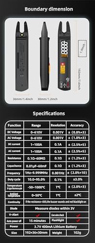 Open Jaw Digtal Multimeter 6000 Counts Clamp Meter, Digital Electrical Tester,Rechargeable with Smart Mode,Measuring Resistance,Capacitance,Frequency,Continuity,Diode,AC/DC Voltage&Current