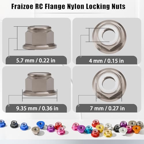 12Pcs M4 Flange Nuts Aluminum, M4-0.7mm Hex Flange Nylon Insert Lock Nuts for 1/10 Scale RC Car Traxxas Slash 4x4 2WD Stampede Rustler VXL HPI Redcat Axial Racing Truck Buggy Crawler Wheels Titanium - color: Titanium, size: 12Pcs