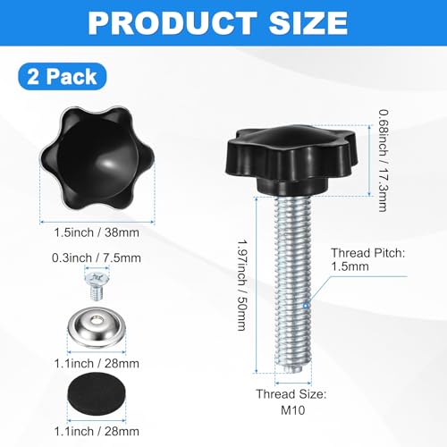 M METERXITY 2-Pack Star Handle Hand Screws, M10x50mm Carbon Steel Thread Star Clamping Knobs with Screws, Pressure Plate and Rubber Pad for Woodworking/Mechanical Equipment [Black] - size: M10 x 50mm