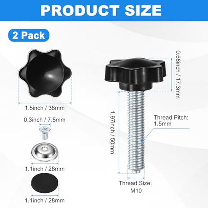 M METERXITY 2-Pack Star Handle Hand Screws, M10x50mm Carbon Steel Thread Star Clamping Knobs with Screws, Pressure Plate and Rubber Pad for Woodworking/Mechanical Equipment [Black] - size: M10 x 50mm