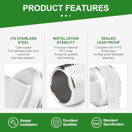 TAISHER 2Pcs 316 SS Cast Square Head 1-1/4"NPT Male Socket Pipe Plug - size: 1-1/4"MNPT(316 Plug)