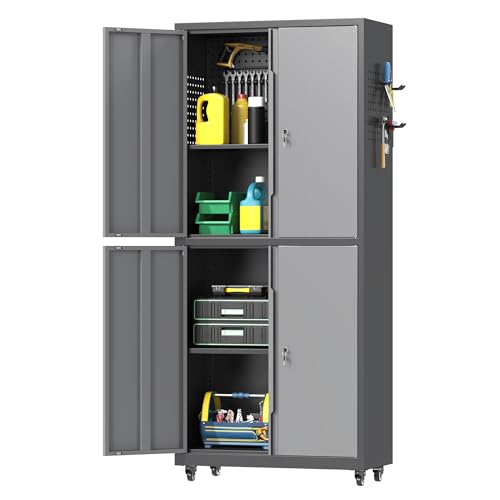 71" H Metal Tool Storage Cabinet with Lock and Wheels, Heavy Duty Garage Cabinet with 4 Doors and 2 Adjustable Shelves, Tool Organizer with Pegboard for Garage, Warehouse (Black&Gray, 71" H) - color: Black&gray, size: 71"H(4-Door)