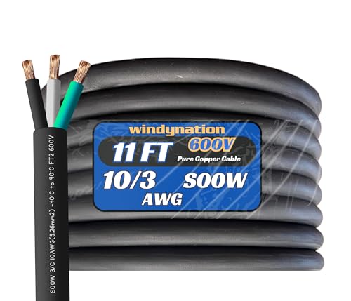 WindyNation 11 Feet 10/3 10 AWG SOOW SO Cable Cord Wire - 10 Gauge 3 Conductor 600V Portable Power Extension Cord Cable for EV Chargers, Motor Leads, Portable Lights, and Battery Chargers - size: 11 Feet