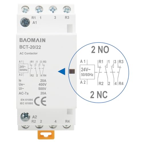 BAOMAIN 24V AC 4-Pole 20A Modular Contactor, 2NO2NC, DIN Rail Mount