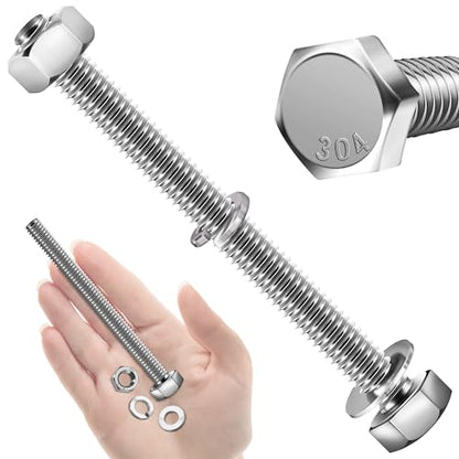 Mywish (5 Sets) 3/8-16x4 Hex Head Assorted Screws Nuts and Bolts with Flat & Lock Washers, 304 Stainless Steel 18-8, Fully Threaded, 3/8 Bolt Metric Bolt Assortment - size: 3/8-16 x 4 (5 set)