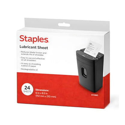 Staples Shredder Lubricant Sheets, Reduces Friction & Noise, 24-Pack - style: Lubricating Sheets