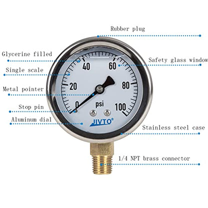 Pressure Gauge,Glycerin Liquid Filled,2.5" Dia,0-100 psi(Single Scale),1/4" NPT Brass Connection,Lower Mount, Stainless Steel Case,for Pneumatic,Pump,Hose,Well Tank,Gas Air Water Oil - size: 0-100 psi, style: lower mount(single scale )