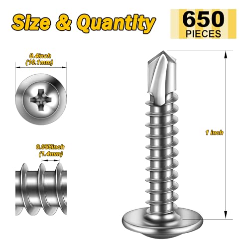 Mywish 650Pieces #8×1" for Sheet Metal Self-Tapping Screws 410 Stainless Steel Truss Head High-Strength Quick Tapping, Silver - color: Silver, size: #8x1" (650 pcs)
