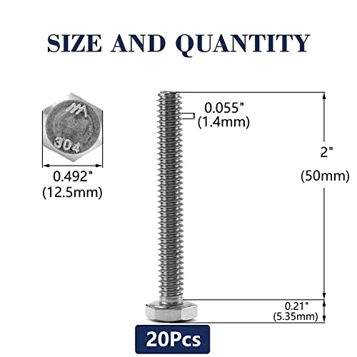 5/16-18 x 2" Hex Head Screw Bolt, 20Pcs 18-8 (304) Stainless Steel, Fully Threaded, Plain Finish, by SG TZH - size: 5/16-18 x 2"