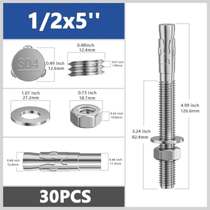 Wensilon 30Pcs 1/2x5 Inch Standard Fasteners for Heavy-Duty 304 Stainless Steel Wedge Anchors for Cement and Concrete - size: 1/2x5"