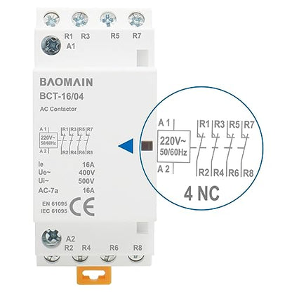 BAOMAIN 220V AC 4-Pole 16A Modular Contactor, 4NC, DIN Rail Mount