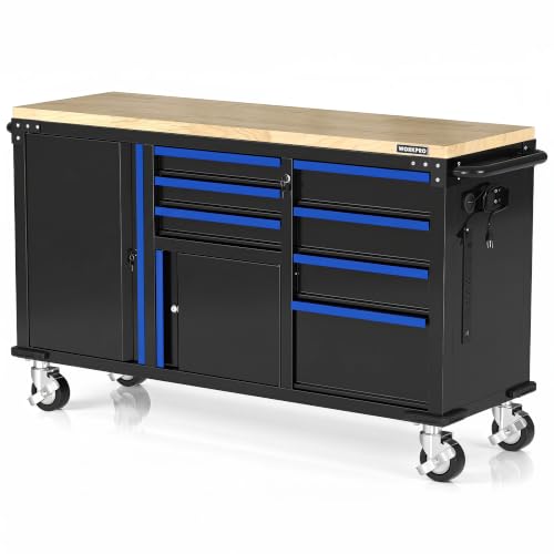 WORKPRO 62" x 20" Rolling Tool Chest, 7-Drawer & 2-Door, Blue & Black - color: Blue & Black, size: 62" x 20"(7-Drawer & 2-Door)