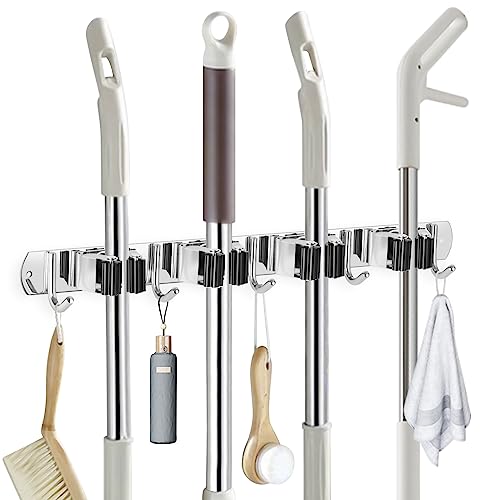 IMILLET Broom Holder Wall Mount Stainless Steel Mop Organizer - color: Stainless Steel - 4 Racks with 5 Hooks, size: 1 Pack