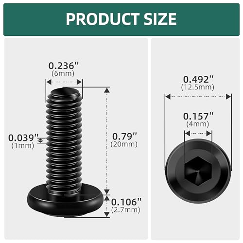 20Pcs M6-1.0 x 20mm Flat Head Socket Cap Screws Bolts 304 Stainless Steel Black Zinc Plated Furniture Bolts, Fully Threaded M6 Bolt with Hex Spanner - size: M6 x 20mm