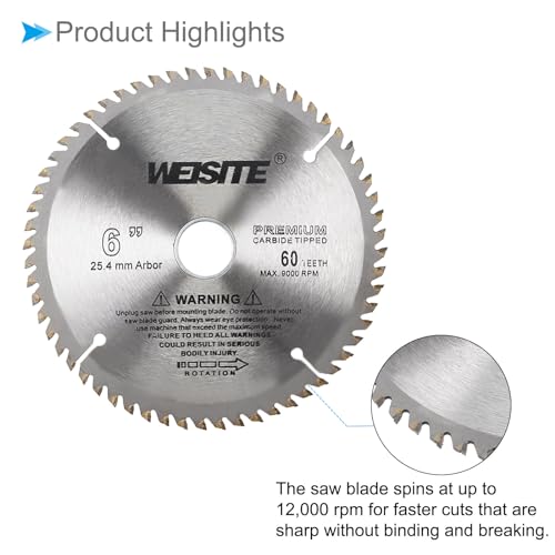 Circular Saw Blade, 6" Outer Dia 60 Teeth 1" Arbor, Wood Tungsten Carbide Tipped () Slitting Saw - (Applications: for Wood Cutting) - size: 150mm x 60T