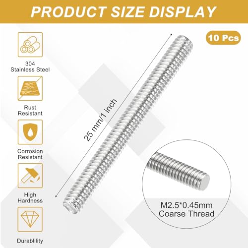 uxcell 10Pcs Fully Threaded Rod M2.5 x 0.45mm Pitch 25mm/1 Inch Threaded - size: M2.5x0.45mmx25mm