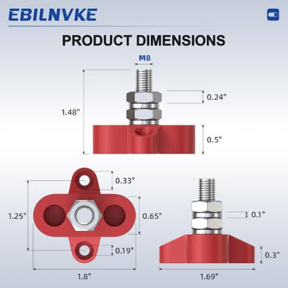 Bus Bar 12V 250A Power Distribution Block Single 5/16"(M8) Studs - size: 250A 1 x 5/16(M8) Stud