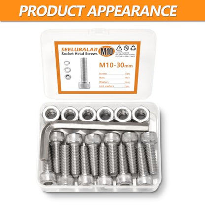 12 Sets Metric M10 Hex Socket Head Cap Screws Bolts Kit, M10-30mm Screws - size: M10 - 30mm