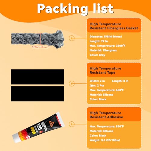 Wood Stove Gaskets, Gasket Rope Replacement for Woodstoves and Fireplaces Door Seal, High Temperature Resistant Fiberglass Gasket Kit, Size 5/8"(16mm), Length 72", Grey Color - size: 5/8 Inch
