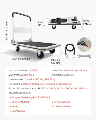 VEVOR Foldable Push Cart Dolly, 660 lbs Load Capacity, Folding Platform Truck with Swivel Wheels, Moving Platform Hand Truck Flatbed Cart, Space Saving Push Handle for Easy Storage 35.4 x 34.3 x 24 in - size: 35.4 x 34.3 x 24.0 in /900 x 870 x 610 mm