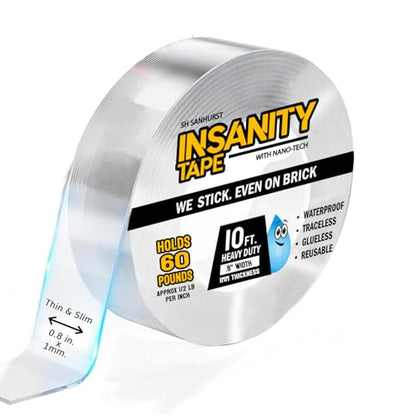 Insanity Thin Double Sided Tape Heavy Duty, Removable Nano Mounting Tape Safe for Walls & Floors, Traceless Adhesive Strip, Weatherproof, Strong Hold for Hanging Pictures, Posters & Doorbell Cameras - size: Slim & Thin: 0.8 in. x 120 in. x 0.04 in.