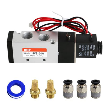 RIH Pneumatics Solenoid Valve 4V310-10 12V/24V/110V Series Single Coil Pilot-Operated Electric 2 Position 5 Way Connection Type (DC12V/Out of line, 3/8"NPT) - size: DC12V/Out of line, style: 3/8"NPT
