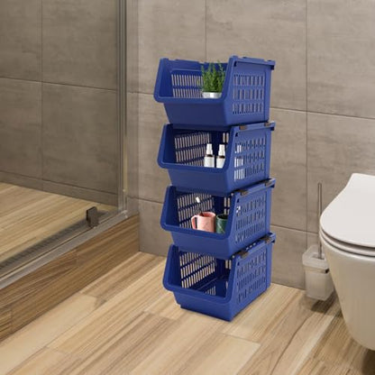 4 Pcs Open Front Stackable Storage Bins, PP Stacking Organizer Baskets with Rolling Wheels, Telescopic Buckles, Nestable, 38.58lbs Load (Blue) - color: Blue