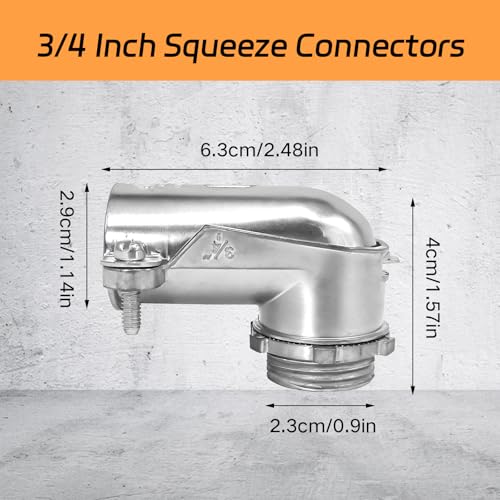 6 PCS 90° Squeeze Connectors AC/MC/Flex Metal Conduit Fitting 3/4 Inch, 90 Degree 3/4 Elbow Cable Connector, Zinc Die Cast, UL Certification - size: 3/4in
