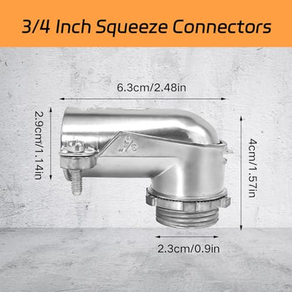 6 PCS 90° Squeeze Connectors AC/MC/Flex Metal Conduit Fitting 3/4 Inch, 90 Degree 3/4 Elbow Cable Connector, Zinc Die Cast, UL Certification - size: 3/4in