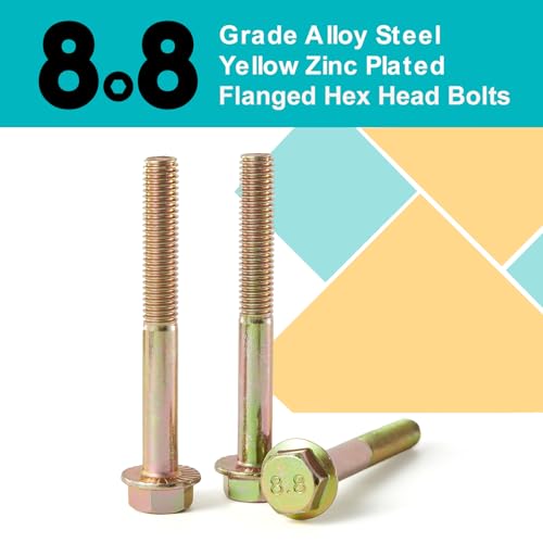 M10 x 70mm 6pcs Flanged Hex Head Bolts, M10 x 1.5 Bolts, Flange Hexagon Head Screws, 8.8 Grade Alloy Steel, Yellow Zinc Plated, Metric Half Thread - size: M10 x 70mm(6PCS)